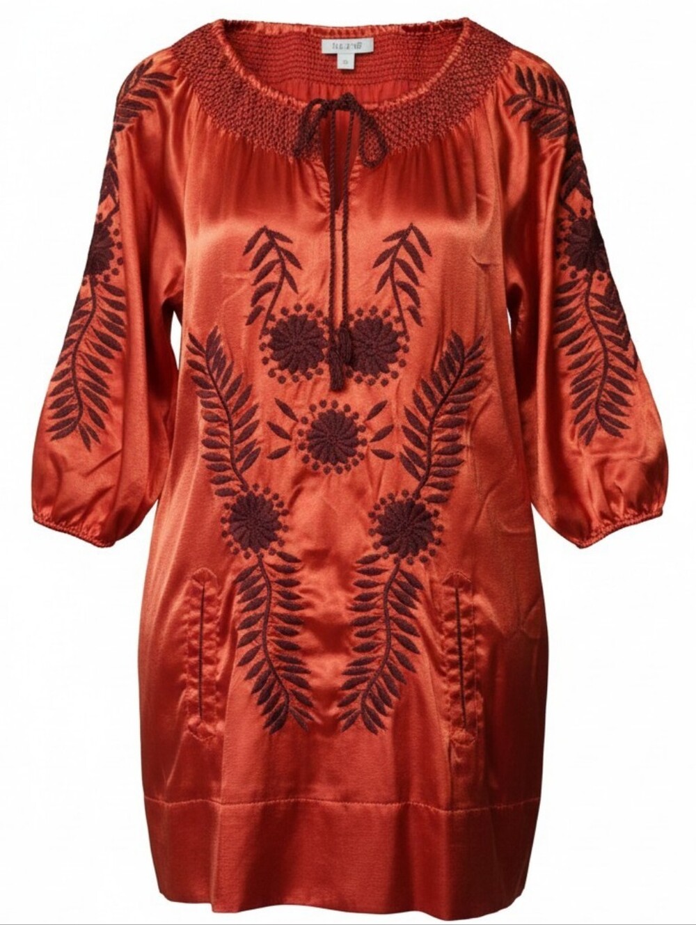 IVY JANE Burnt Orange Satin Embroidered Boho Peasant Tunic Mini Dress M
